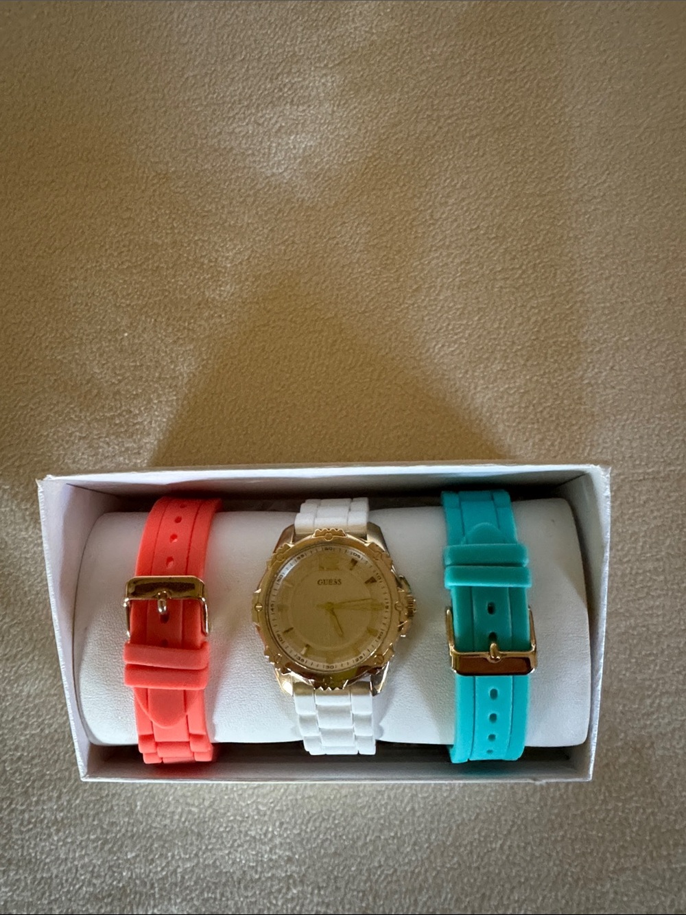 Guess Gold White Watch with Coral and Teal Silicone Bands